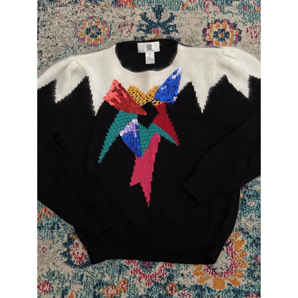 Vintage 80s Illustrations Wool Blend Sequin Pullover Sweater Size Medium - Picture 4 of 7